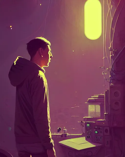 Image similar to tomorrowland, hyper - realistic portrait of a man in a hoodie, music festival, intricate, 4 k, by atey ghailan, by greg rutkowski, by greg tocchini, by james gilleard, by joe fenton, by kaethe butcher, dynamic lighting, lighting color scheme, sharp focus, grunge aesthetic