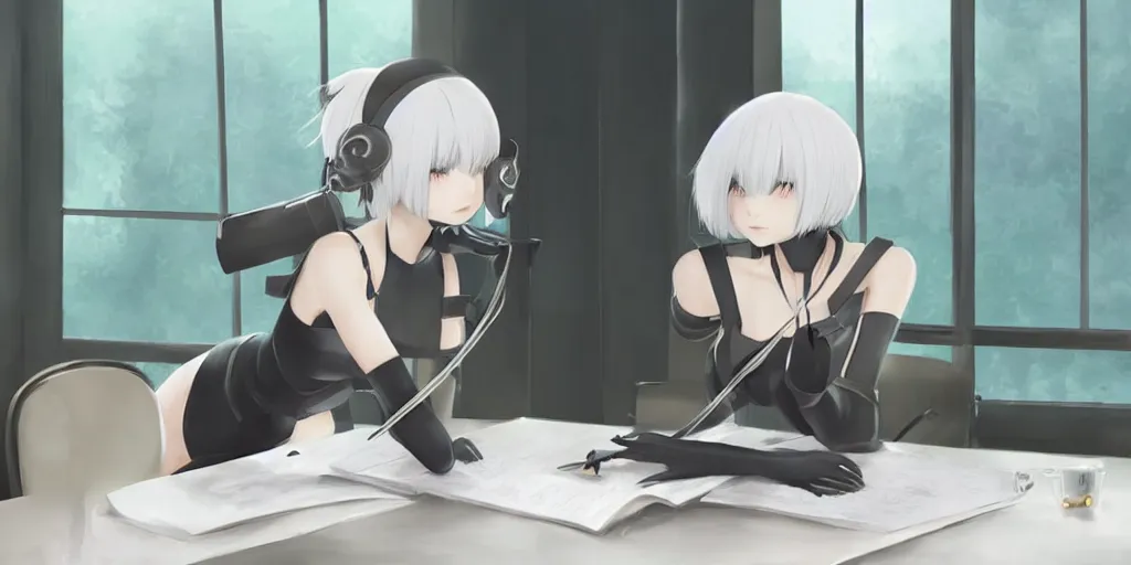 Prompt: 2b from nier automata sitting at a desk studying with cat ear headphones on, background is a tinted window looking out into a gigantic white Ghibli studio art, by Hayao Miyazaki, high quality anime, digital art, detailed facial features, imaginary slice of life