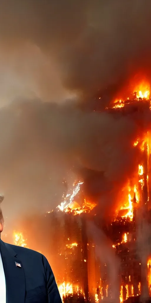 Prompt: a beautiful photo of donald trump being unfazed by the fact that the trump tower is burning, intricate details, photography, volumetric light, 8 k