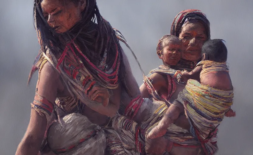 Prompt: A painting of a Tribal Woman carrying a Child trending on artstation in the style of Greg Rutkowski