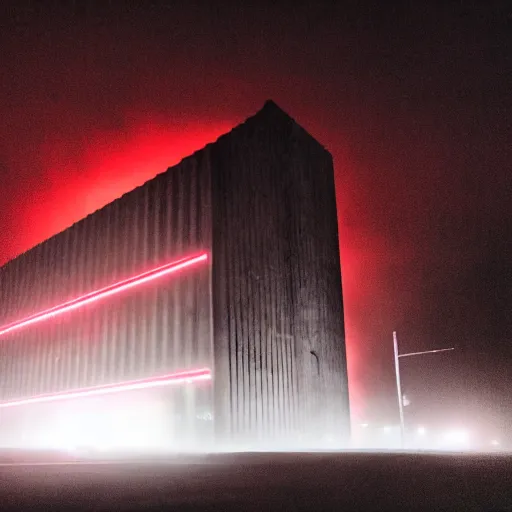 Prompt: ominous Brutalism structure. nighttime. red light. creepy fog.