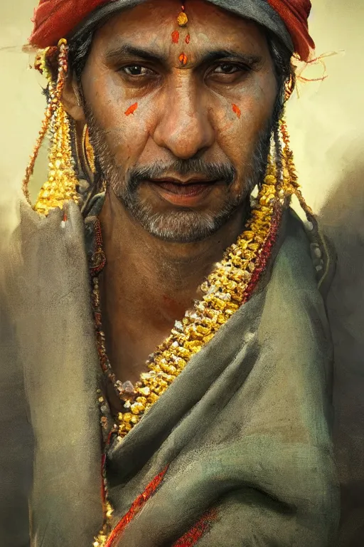 Prompt: hindu priest, close - up portrait, devoted, intricate, elegant, volumetric lighting, scenery, digital painting, highly detailed, artstation, sharp focus, illustration, concept art, ruan jia, steve mccurry