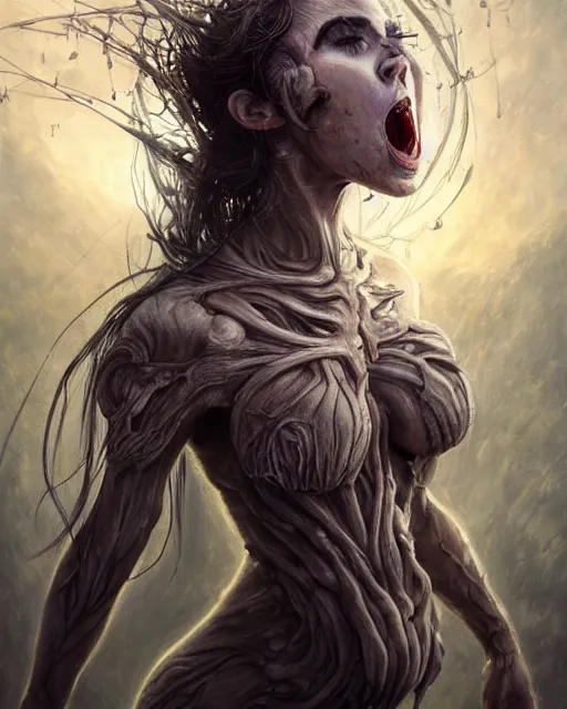 Prompt: death is swallowed up in victory, very detailed and beautiful portrait of a woman, screaming with fear, artwork by artgerm, centered shot, wide angle, full body, islandpunk, solarpunk, fantasy, highly detailed, digital painting, artstation, smooth, sharp focus, art by thomas kinkade and h. r. giger and yusei uesugi