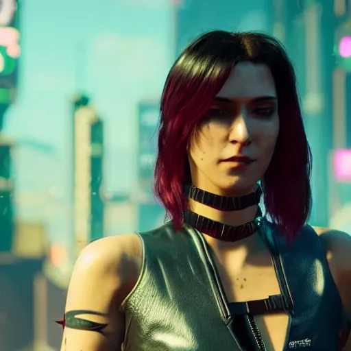 Prompt: female V from Cyberpunk 2077 wearing spiked black choker, steel collar, steel choker, punk, steel collar, 4K, realistic, spiked collar, art, beautiful,