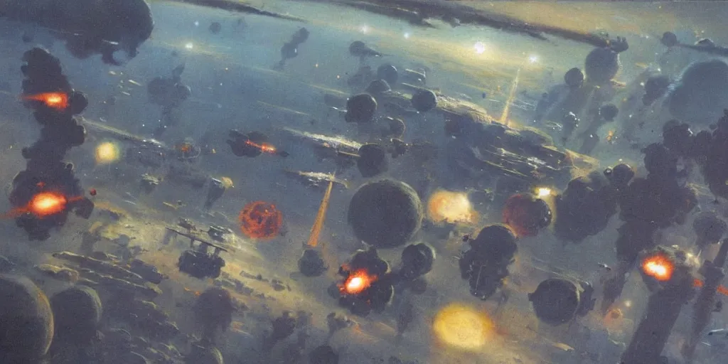 Image similar to a painting of low earth orbit space city under war by john harris.