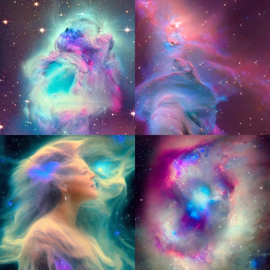 Prompt: side profile portrait of the face of a celestial goddess made of blue nebula with an aquiline nose and a gentle maternal smile looking down and to the left, her blue face emerging from a larger nebula which fills the rest of the image and is made of gaseous filaments which suggest long wavy orange and pink hair hanging over and behind her face, image by Hubble space telescope, dramatic lighting