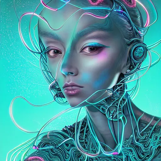 Prompt: ethereal, bioluminescent wired, cybernetic alien princess in the mountains, extremely detailed, sharp focus, portrait, smooth, digital illustration, by james jean, by rossdraws, frank franzzeta, sakimichan