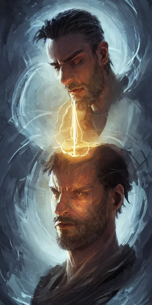 Prompt: portrait of a handsome young wizard olive skin, buzzed short dark hair, beautiful bone structure, symmetrical facial features, casting an evil spell, a floating glowing spellbook, , intricate, elegant, digital painting, concept art, smooth, sharp focus, illustration, from Metal Gear, by Ruan Jia and Mandy Jurgens and Artgerm and William-Adolphe Bouguereau