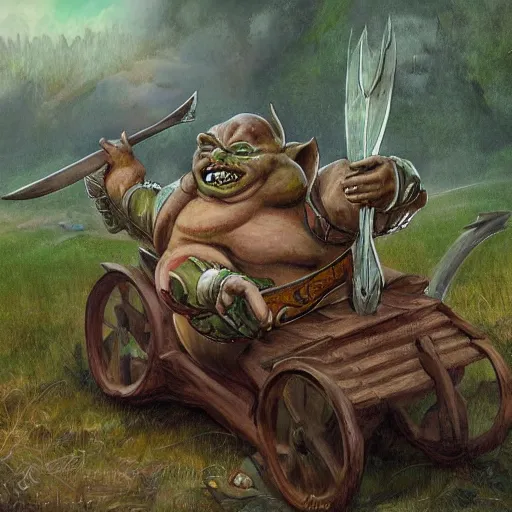 Image similar to painting of chubby goblin riding in a slapdash wooden cart holding a lance, fantasy art, magic : the gathering art, by diterlizzi