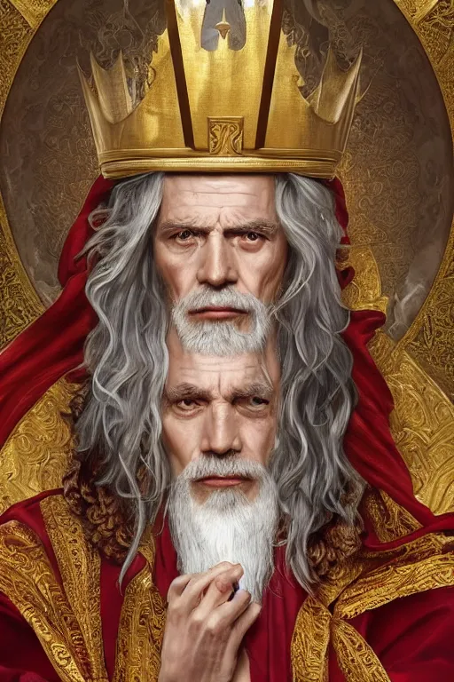 Image similar to Portrait of historically accurate, ancient biblical, sultry, sneering, evil, pagan, old kindah kingdom king, wearing gilded red royal robes, long white hair, intricate, elegant, highly detailed, digital painting, artstation, concept art, smooth, sharp focus, illustration, art by artgerm and greg rutkowski and alphonse mucha and andrei riabovitchev