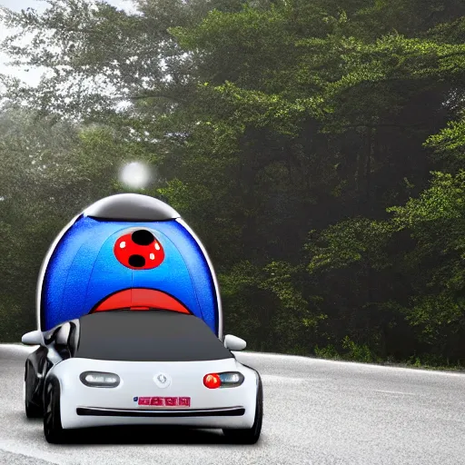 Prompt: promotional scifi - mystery movie scene of a giant - sized ladybug that is a hybrid with a ( volkswagen beatle ) hybrid, flying down a dusty back - road in smokey mountains tennessee. cinematic, muted dramtic color, 4 k, imax, 7 0 mm, hdr