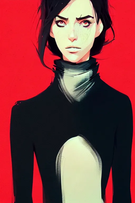 Image similar to a ultradetailed half body painting of a stylish woman in a black turtleneck by conrad roset, greg rutkowski and makoto shinkai trending on artstation