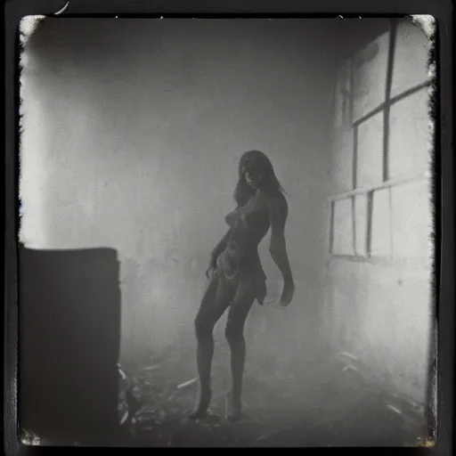Image similar to an ancient demon-girl devouring a soul on an abandoned mad house, Colombian jungle, mist, 1910 polaroid photography, grainy film, resident evil, Black and white