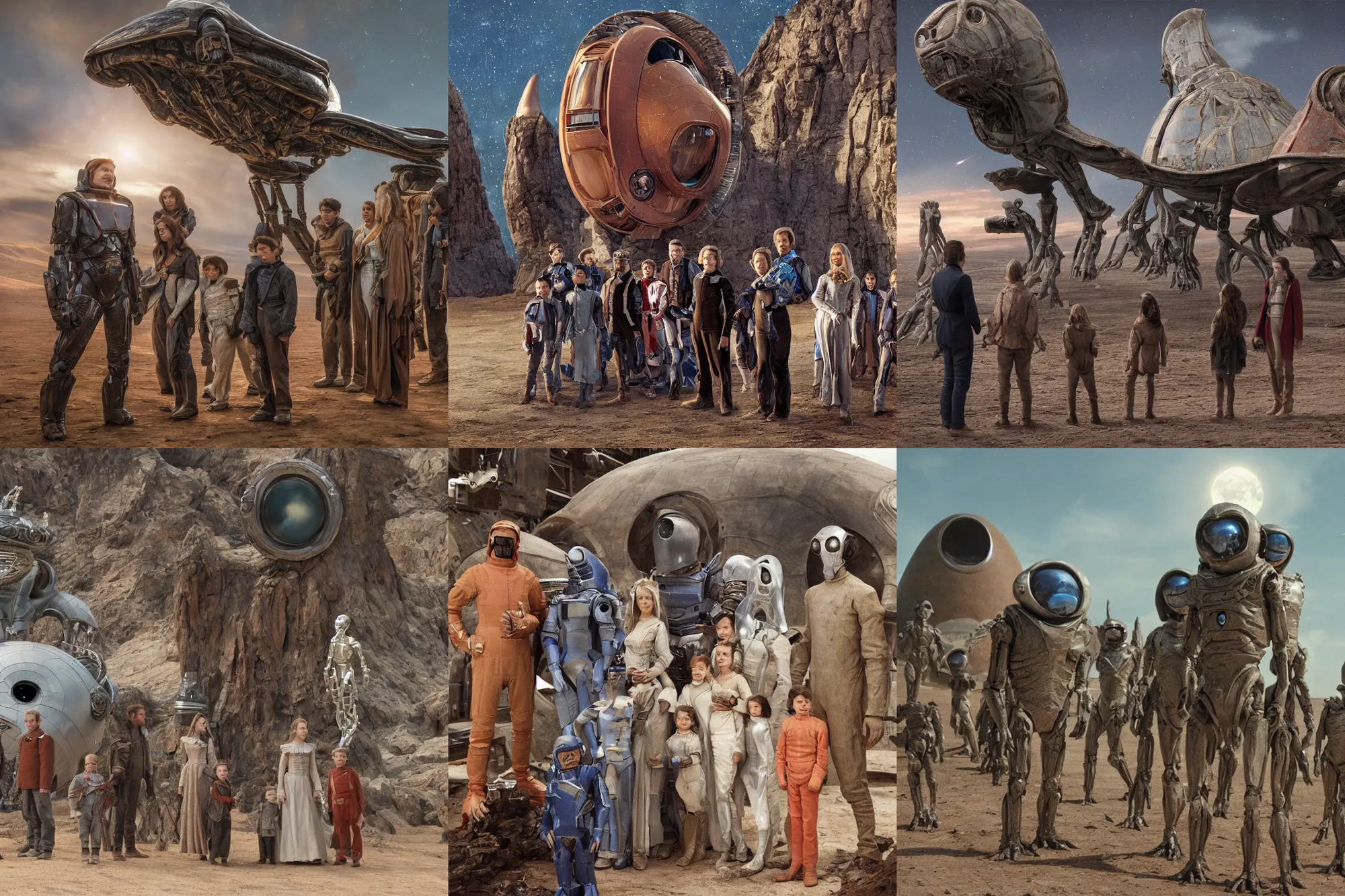 Prompt: highly detailed, 1307438953472k film still from a sci fi blockbuster color movie made in 2019, set in 1860, of a family standing in front of a spaceship that has just landed on an alien planet, a humanoid alien creature stands nearby, the family are all wearing 1860s era clothes, good lighting, good photography, ultra high definition