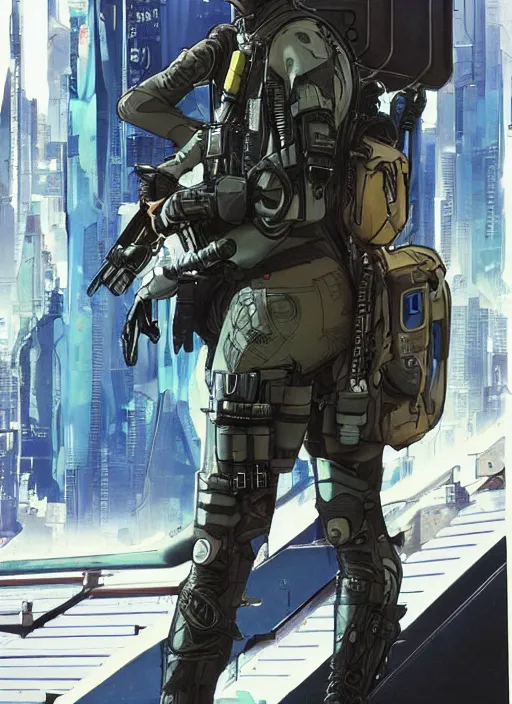 Image similar to Selina. USN special forces futuristic recon operator, cyberpunk military hazmat exo-suit, on patrol in the Australian autonomous zone, deserted city skyline. 2087. Concept art by James Gurney and Alphonso Mucha. (mgs, rb6s)