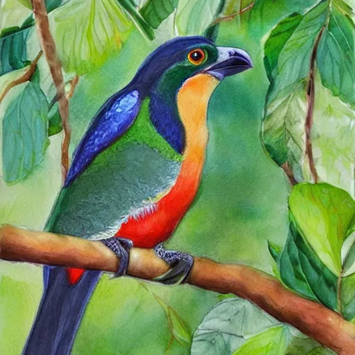 Image similar to A realistic painting of a Trogon in a wild avocado tree, watercolour, pastel colours