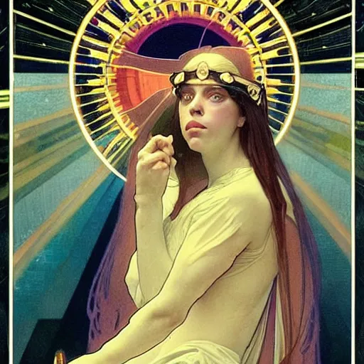 Image similar to closeup : billie eilish as the empress of the universe sits on stellar throne, concept art for a scifi film. by alphonse mucha and edward hopper. sharp focus, cinematic atmosphere, detailed and intricate, perfect anatomy, meticulous detail