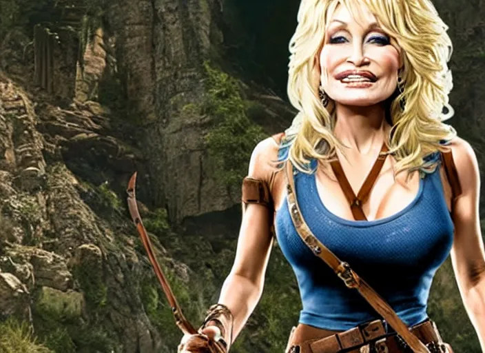 Image similar to film still of!!!! dolly parton!!! as lara croft in new tomb raider movie, 8 k