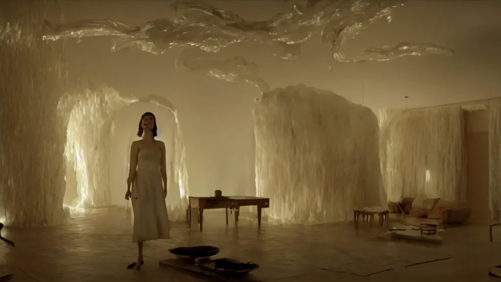 Image similar to a giant hand made of wax and water floats through the living room, film still from the movie directed by Denis Villeneuve with art direction by Salvador Dalí, wide lens