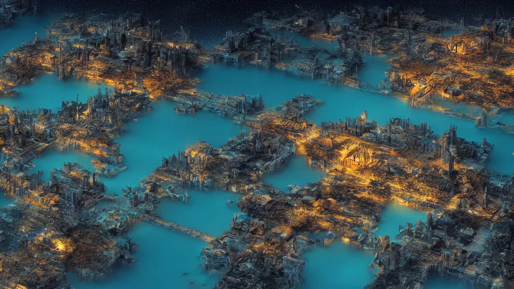 Prompt: photograph of an underwater city at night, 4 k resolution