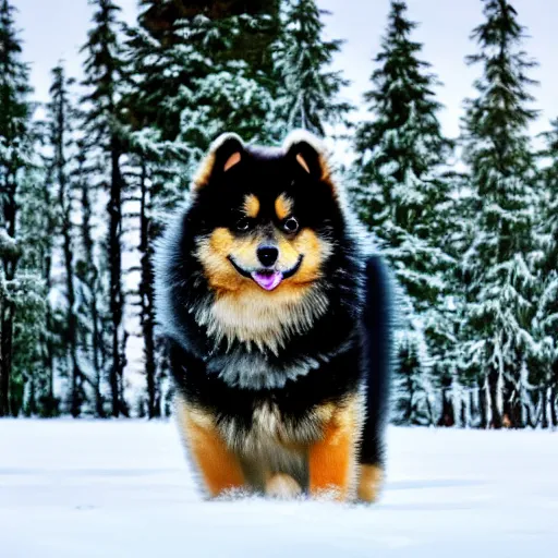 Prompt: happy finnish lapphund dog, black brown and white fur, snow, trees, in the style of a pixar character, 4 k, animation, funny, movie