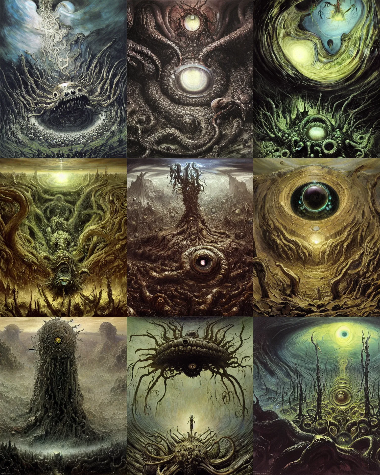 Prompt: ritual of otherworldly massive shoggoth god arising over grim obsidian landscape made of giant eyeballs, painting by donato giancola, artgerm, edvard munch john berkey, gustave dore, thomas moran, hieronymus bosch, hp lovecraft, paranoid vibe, terror giant infinite eyes horror spider eyes tentacles maggots feeling of madness and insanity