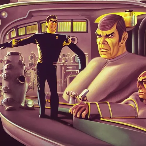 Prompt: matte sharp painting, close - up of captain kirk from star trek driving a steampunk bus, spock from star trek is his passenger, juxtapoz, artforum, gary baseman, preston blair, tex avery, dan mumford, pedro correa