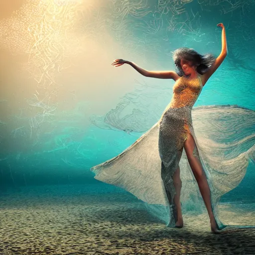 Prompt: woman dancing underwater wearing a long flowing dress made of many translucent layers of silver and blue lace seaweed, bolts of bright yellow fish, delicate coral sea bottom, swirling silver fish, swirling smoke shapes, octane render, caustics lighting and coral on the seafloor, lighting from above, cinematic, hyperdetailed