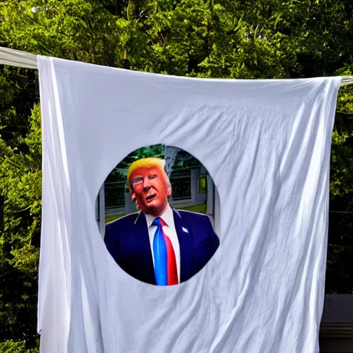 Image similar to hyper realistic photo, happy Donald Trump hanging white linen sheets on a clothesline in a backyard, sunny day