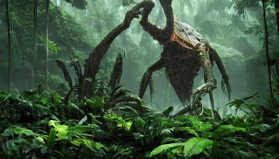Prompt: an alien in the amazon forest, plants environment, wide angle, cinematic lighting, atmospheric, realistic, octane render, highly detailed, in the style of craig mullins