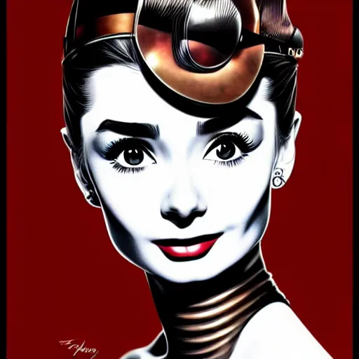 Image similar to in the style of diego fazio, artgerm, beautiful audrey hepburn, steampunk, full color, elegant pose, middle shot waist up, symmetrical face symmetrical eyes, three point lighting, detailed realistic eyes, short neck, insanely detailed and intricate elegant