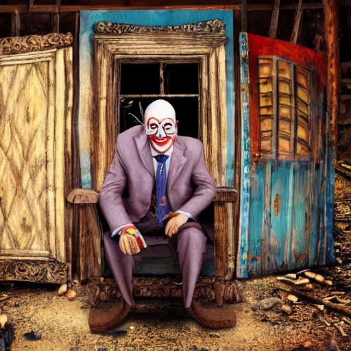 Image similar to sad klaus schwab wearing bizarre clown makeup, and intricate clown costume, sitting on a throne in an abandoned outhouse, by rossdraws, vivid colors, studio lighting, digital artwork, uhd, best of artstation