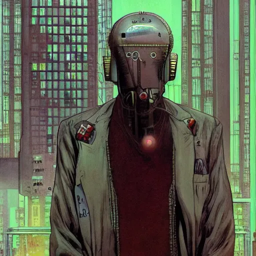 Image similar to Digital portrait of a scientist by Enki bilal and Moebius and francois Schuiten, cyberpunk, impressive perspective, aesthetic, masterpiece