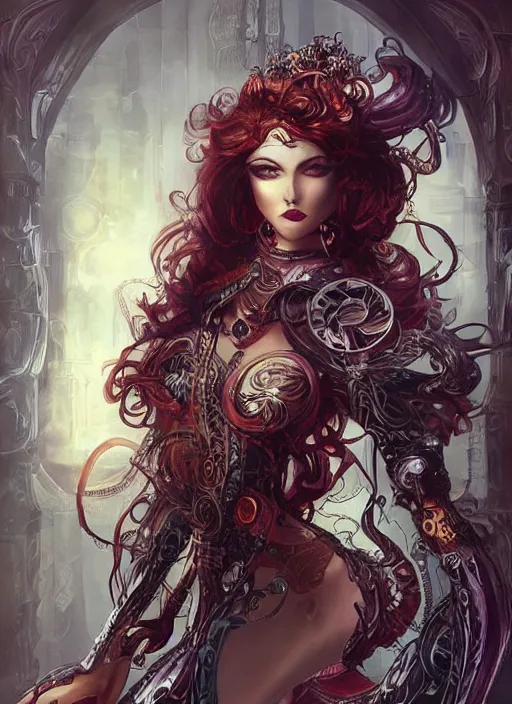 Image similar to front portrait sensual Lady Mechanika with ginger wavy hair, Intricate, Victorian era imagery themed, D&D!, fantasy style, sharp focus!, ultra detailed, art by Artgerm and Peter Andrew Jones, WLUP