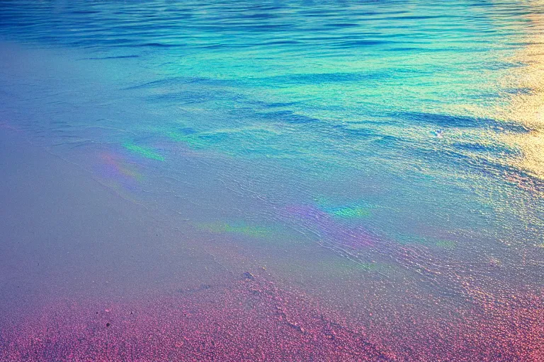 Image similar to a vintage family holiday photo of an empty beach from an alien dreamstate world with pastel pink iridescent!! sand, reflective metallic water and sunbathing equipment at dusk. refraction, volumetric, light.