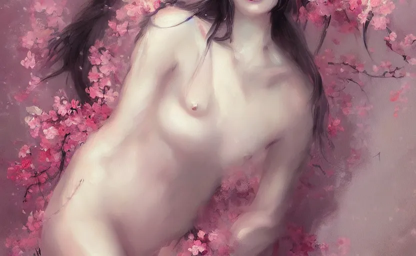 Image similar to a painting of a nymph 🌸🌸🌸 trending on artstation in the style of greg rutkowski, sensuality, fashion