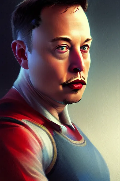 Image similar to elon musk as mario, realistic portrait, symmetrical, highly detailed, digital painting, artstation, concept art, smooth, sharp focus, illustration, cinematic lighting, art by artgerm and greg rutkowski and alphonse mucha