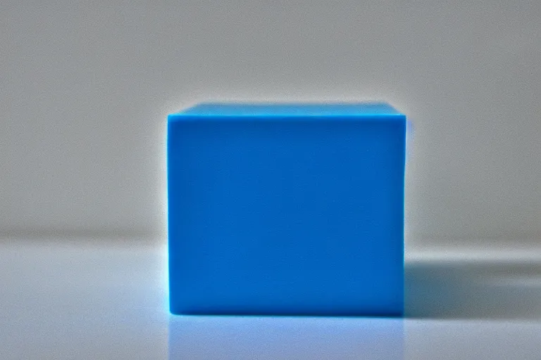 Image similar to single blue cube on white studio floor, soft light