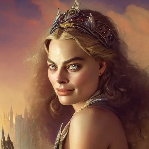 Image similar to a very detailed Magic portrait painting of Margot Robbie, a very detailed fantasy city background, a very detailed dramatic sky, light particles, drawn by Donato Giancola and Tom Bagshaw, Edmund Leighton, Alphonse Mucha, 4k, volumetric lighting, komorebi, award winning, octane render, hyperrealistic