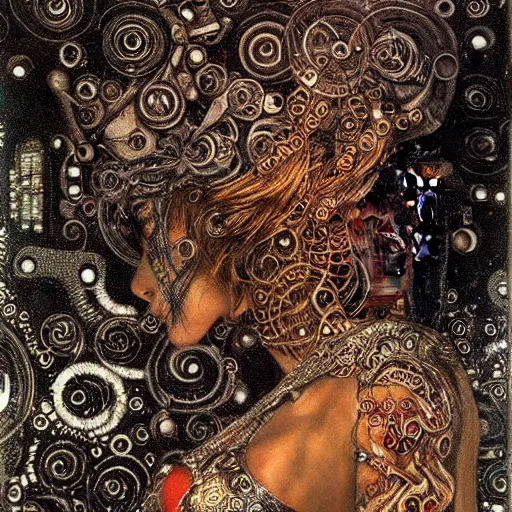 Image similar to cybernetic demon, circuitry, intricate detail, klimt, royo,