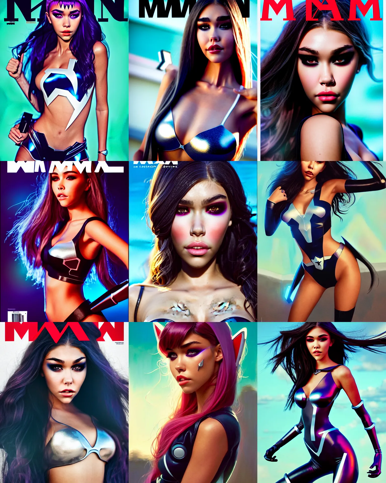 Prompt: maxim magazine cover portrait photo of madison beer : : college woman : : as marvel hero catgirl cyborg by pixar : : by greg rutkowski, wlop, rossdraws, artgerm, weta, marvel, colorful rave makeup, leeloo, unreal engine, glossy skin, pearlescent, shiny, 4 k, hdr, bright morning, : :