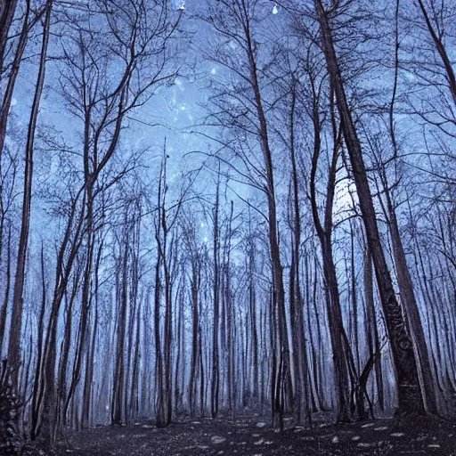 Image similar to wrought silver forest under a moonlit star filled sky filled with fireflies