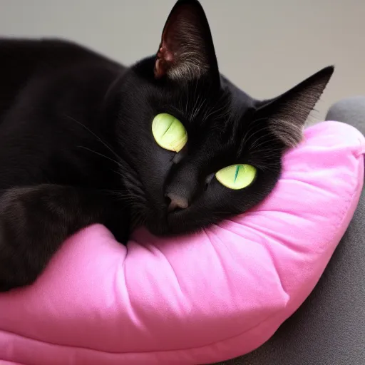 Image similar to Black skinny cat with dark green eyes sleeping on a pink gaming chair on a sakura pillow