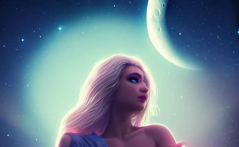 Prompt: beautiful moon, space, stars, ethereal lighting, 35mm photography, highly detailed, 8K, artgerm, sharp focus, cgsociety, cool lighting