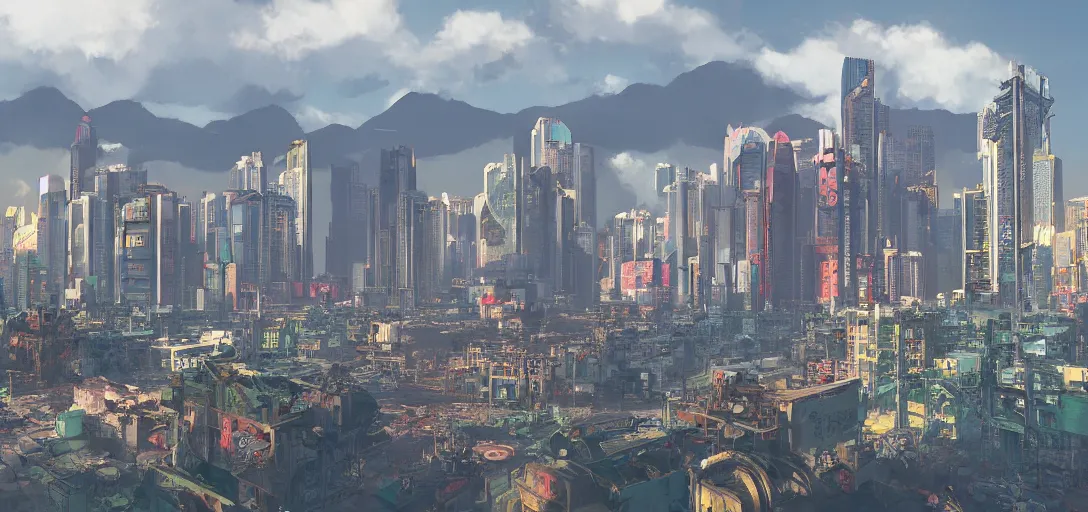 Prompt: fallout hong kong skyline concept art, vibrant colors, japanese anime, 8 k hd, high details, trending on artstation