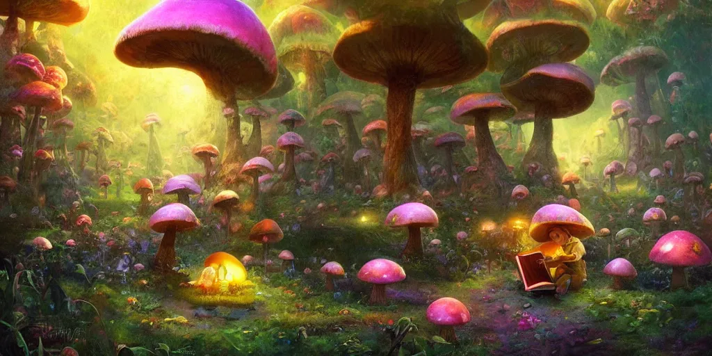 Prompt: ”cute child reading a book, giant mushroom houses in a mysterious fantasy forest, [bioluminescense, flowers, art by wlop and paul lehr, cinematic, colorful]”
