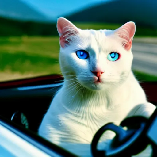 Image similar to a white cat with blue eyes driving a sport car, austria, film still, sound of music, 4 k, 8 k