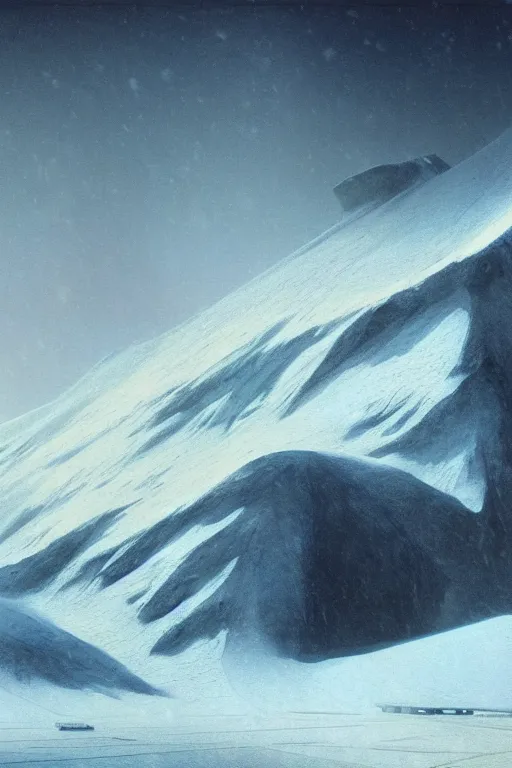 Prompt: a snowy mountain scene by arthur haas and bruce pennington and john schoenherr, cinematic matte painting, minimal modern, zaha hadid building, dark moody color palate,