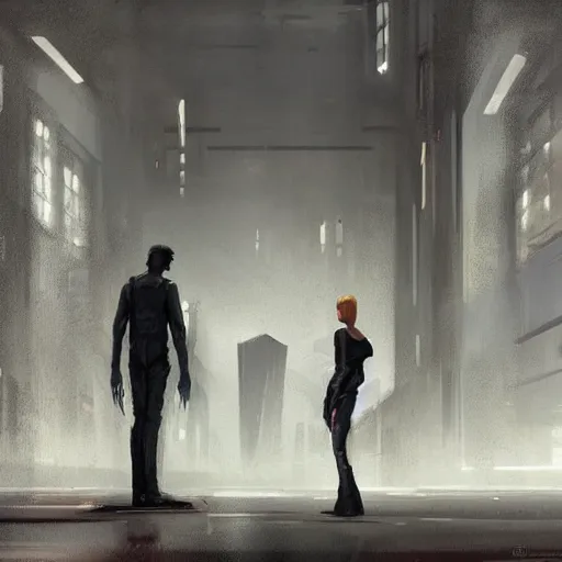 Image similar to concept art by greg rutkowski, a very tall, and slender woman with blond hair, talking with a very tall and slender mand with short black hair, brutalist futuristic interior, dark lighting atmosphere, detailed portraits, nostalgic atmosphere, scifi, digital painting, artstation, concept art, smooth, sharp foccus ilustration, artstation hq