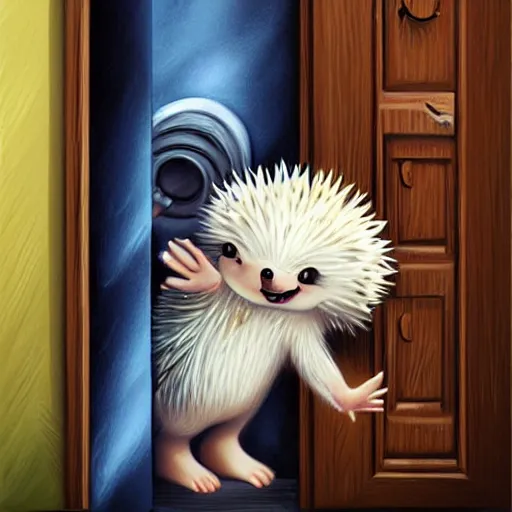 Image similar to cute adorable hedgehog opening the door, waving, smiling, cute, hedgehog, by cyril rolando